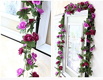 Meiliy 2 Pack 8.2 FT Fake Rose Vine Flowers Plants Artificial Flower Home Hotel Office Wedding Party Garden Craft Art Decor Purple ML-021pu