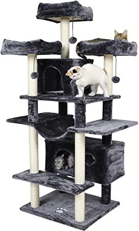 MSmask Cat Tree for Large Cat XXL,69 Inches Cat Tower Condo Full Sisal-Covered Scratching Post 3 Platforms, Big Cats Furniture Kitten Activity Center with Hammock Hanging Ball