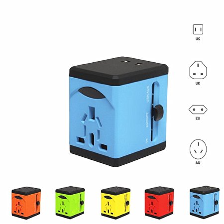 Travel Adapter with 2 USB Charger All in One Universal Plug Adapter Charger Over 150 Courties International Travel Power Plug Wall AC Adapter Universal AC Socket Outlet for Android and iOS Blue