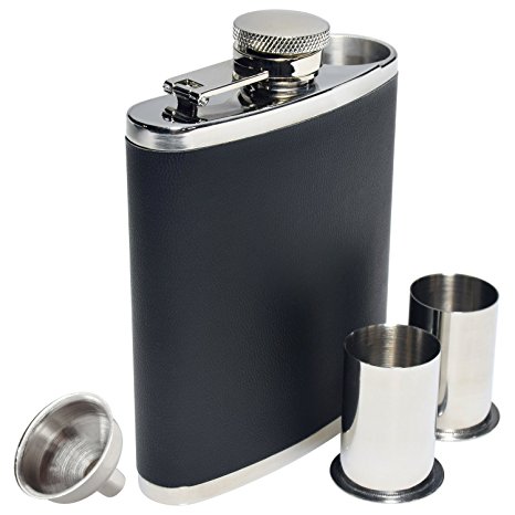 Hip Flask 6 Ounce with Faux Leather Cover – Includes 2 Stainless Steel Shot Glasses and Refilling Funnel