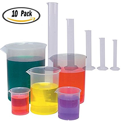 Buytra 5 Sizes Clear Plastic Graduated Cylinders (10 25 50 100 250ml) 5 Pack Plastic Beakers Set- 50, 100, 250, 500, 1000ML