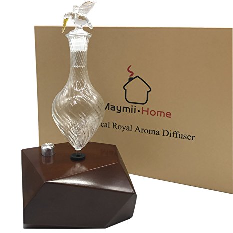 MAYMII.HOME Design Nebulizing NO Water Pure Essential Oil Aromatherapy Diffuser For Aromatherapy Light Colored Wood Base and 100% Handmade 3D Bird Glass Lid Reservoir (Coffee)