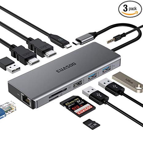 USB C HUB, EUASOO 11 in 1 Triple Display USB C Adapter Docking Station with 2 HDMI, 2 USB3.0, 2 USB2.0, 87W Pd 3.0, Ethernet, SD/TF Card Reader, Audio/Mic 2-in-1 Compatible for MacBook and Windows
