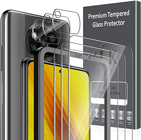 LK 6 Pack 3pcs Screen Protector & 3pcs Camera Lens Protector Compatible with Xiaomi Poco X3 NFC Tempered Glass, Easy Frame Installation, HD Ultra-Thin, Case Friendly