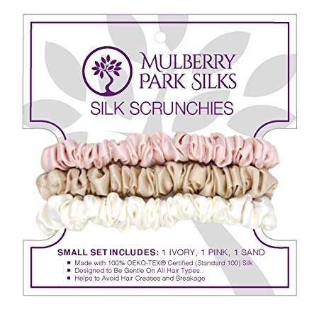 Mulberry Park Silks - Small - Ivory/Pink/Sand (3 Pack) - 100% Pure Silk Hair Scrunchies - Gentle On All Hair Types - OEKO-TEX Certified