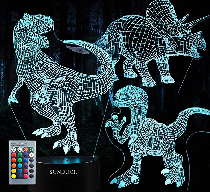 Night Light for Kids 3D Dinosaur Illusion Lamp Three Pattern and 7 Color Change with Remote Control Birthday Gifts for Boys Girls Kids