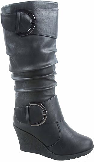 TOP Moda Pure-65 Women's Fashion Round Toe Slouch Buckle Wedge Mid Calf Boot Shoes