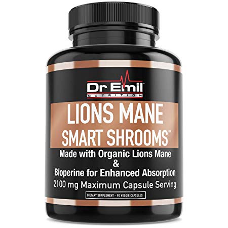 Organic Lions Mane Mushroom Capsules - 2100 mg Highest Capsule Serving + BioPerine for Enhanced Absorption - Nootropic Brain Supplement & Immune System Booster (100% Pure Lions Mane Extract)