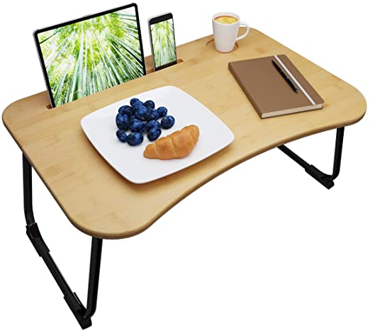 ZHU CHUANG Multifunctional Lap Desk Breakfast Serving Bed Tray Sofa Tray with Foldable Legs Natural Color 100% Solid Bamboo (Simple Black 1)