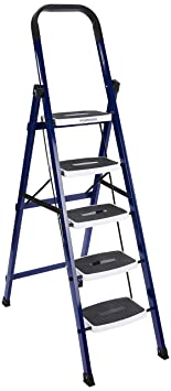 AmazonBasics Super Clamber - Non-Trip and Flat-Foldable Step Ladder, with Anti-Skid Steps and Double-Grip Technology, 5 Steps (Steel, Blue & White, Iron & Plastic)