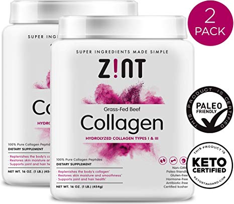 Zint Collagen Powder Peptides (32 oz Bundle, 2 x 16 oz): Paleo-Friendly, Keto-Certified, Grass-Fed Hydrolyzed Collagen Protein Supplement - Unflavored, Non GMO