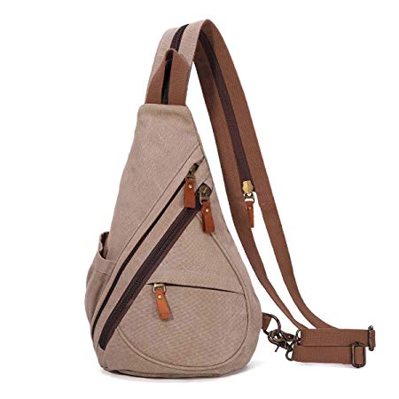 Canvas Sling Bag - Small Crossbody Backpack Shoulder Casual Daypack Chest Bags Rucksack for Men Women Outdoor Cycling Hiking Travel (6881-Khaki)