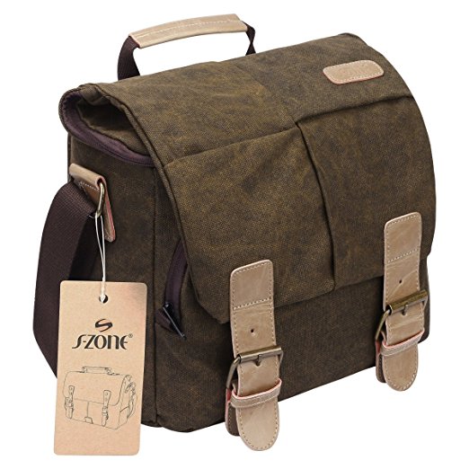 S-ZONE Vintage Waterproof Canvas Leather Trim DSLR SLR Shockproof Camera Shoulder Messenger Bag­