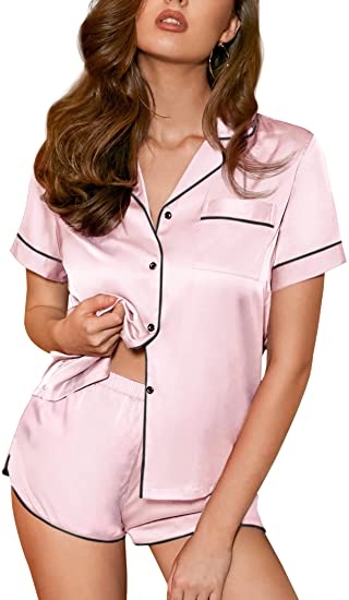 Ekouaer Women's Satin Silk Pajamas Set Short Sleeve Button-Down Pj Set Two Piece Pj Short Sets Silky Sleepwear Loungewear