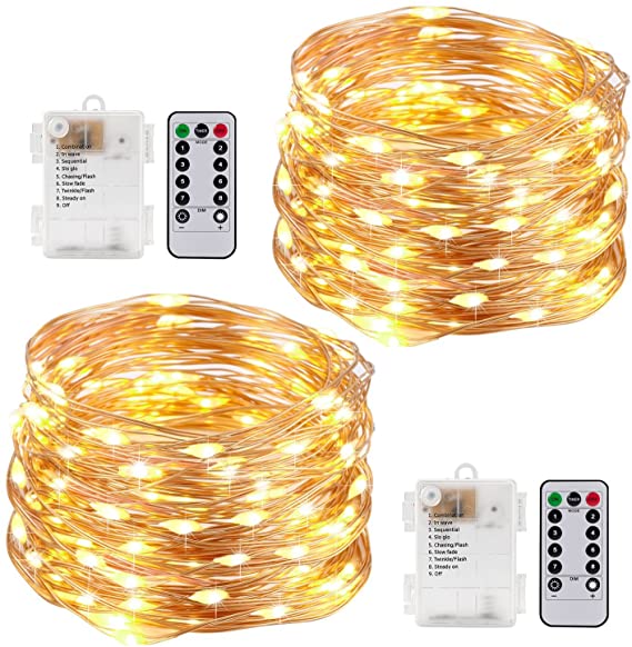 Kohree Waterproof Fairy Lights 8 Modes 33ft 100LED Copper Wire Starry String Lights Battery Operated with Remote Timer for Outdoor Indoor Bedroom Wedding Festival Decor, Warm White(2 Pack)