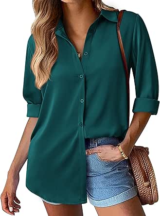 BTFBM Button Down Satin Blouses for Women Dressy Casual Lapel V Neck Long Sleeve Shirts Loose Business Work Tops 2024