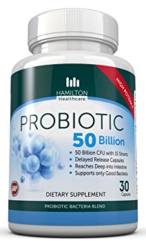 Probiotic 50 Billion CFU, High Potency 15 Strains Beneficial Bacteria Blend With Delayed Release Capsule 30 Day Supply By Hamilton Healthcare