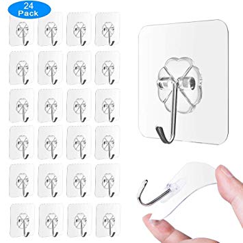 EKKONG Reusable Adhesive Hooks, Transparent Heavy Duty Wall Hooks with No Scratch, Waterproof and Oilproof for Bathroom, Bedroom, Kitchen, Refrigerator Door, Wall and Ceiling(24 Packs)