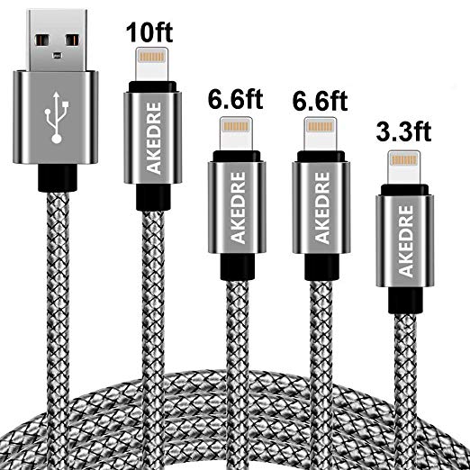 4Pack (3/6/6/10FT) Nylon Braided USB Phone Cable .Charging .& Syncing Cord Compatible Phone. X/8/8 Plus/7/7 Plus/6s/6s Plus/SE .and so on.(Grey)