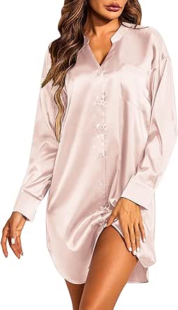 Ekouaer Women's Satin Nightgown Button Down Sleepshirt Silk Long Sleeve Nightshirt Boyfriend Sleepwear