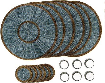 Penguin Home® Set of 18 Glass Beaded Placemats, Coasters and Napkin Rings - Aqua and Antique Gold Colour - Round Placemats - Handcrafted by Skilled Indian artisans - Diameter - 32 cm (13")
