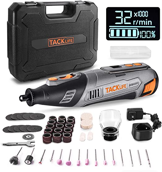 TACKLIFE 12V Cordless Rotary Tool, LCD Display with Accurate Speed Control, Ideal for Cutting, Grinding, Sanding, and Polishing, Portable Outdoor Precision DIY Projects, 46 Accessories-RTD03DC