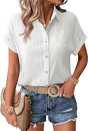 Zeagoo Womens Button Down Shirts Casual Short Sleeve Dress Shirt Textured Collared Summer Work Blouse