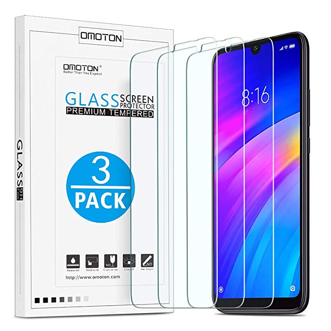 OMOTON [3 Pack Screen Protectors for Xiaomi Redmi 7, Premium Tempered Glass with [9H Hardness] [Crystal Clear] [Bubble Free][Easy Installtion]