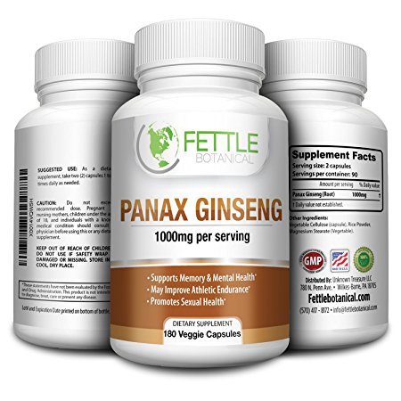 Pure Panax Ginseng 1000mg per serving 180 Veggie Capsules Root High Potency Asian Powder Supplement Tablet Pills caps by Fettle Botanical