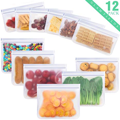 Reusable Storage Bags (12 pack) - Glamfields Reusable Snack Bags with Upgraded Zipper Closure, Extra Thick Food Grade Sandwich Bags for Freezer | Lunch | Cereal | Fruit |Travel - FDA Certified