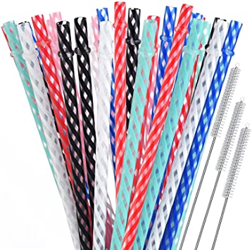 ALINK 55-Pack Reusable Hard Plastic Straws, 10.5 in Long Colored Replacement Tumbler Straws with Cleaning Brush