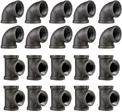 1/2" Malleable Cast Iron Elbow Tee Combo Pack(10 Pipe Elbows, 10 Pipe Tees)20 Pack,Threaded Pipe, 90 Degree Pipe Elbow Tee Black Pipe Fittings for Steampunk Furniture Projects.