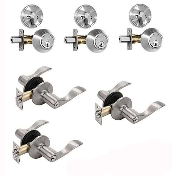 Dynasty Hardware CP-HER-US15, Heritage Front Door Entry Lever Lockset and Single Cylinder Deadbolt Combination Set, Satin Nickel (3 Pack) Keyed Alike