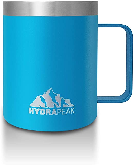 Hydrapeak 14oz Stainless Steel Double Vacuum-Insulated Coffee Mug, Reusable Travel Cup with Integrated Handle and Press In Lid (Ocean)