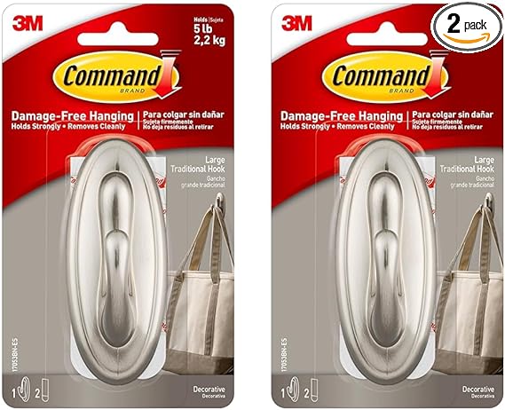 Command Large Traditional Plastic Hook, Brushed Nickel, 1-Hook, 2-Strips, Organize Damage-Free (Pack of 2)