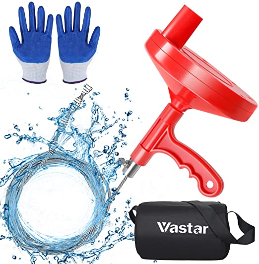 Vastar Plumbing Snake Drain Auger - 25 Feet Drain Snake Clog Remover for Bathtub Drains Bathroom Sinks Kitchen Pipes & Sewers, with Gloves and Storage Bag