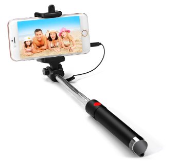 Eaglewood Extendable Wired Selfie Stick with Adjustable Phone Holder with Built-in Remote Shutter Self-portrait Monopod for iPhone and other Smartphones
