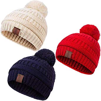 REDESS Baby Kids Winter Warm Fleece Lined Pompom Hats Infant Toddler Children Beanie Knit Chunky Baggy Cap Girls Boys