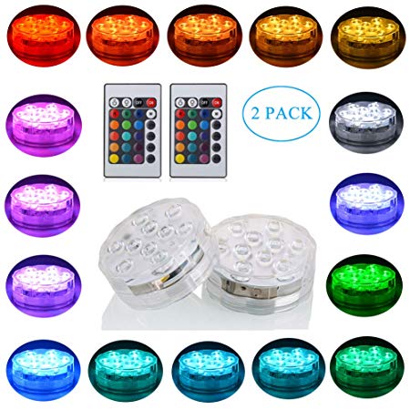 SEED Led Submersible Lights with IR Remote, 10 RGB LEDs 16 Colors Changing Waterproof Underwater 2.8inch Lights Battery Powered with for Fish Tank Vase Base Hot Tub Aquarium Wedding Party - 2 Pack