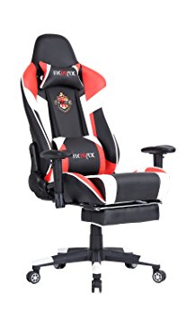 Ficmax High-back Large Size Desk Chair Swivel for Gaming including Lumbar Massager Support and Retractible Footrest (Red/White)