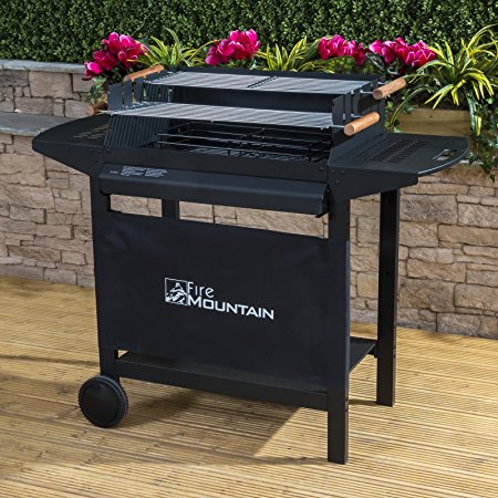 Fire Mountain Deluxe Charcoal Barbecue - Two Adjustable Grills with Three Heights, Side Shelves, Storage Area, Strong Steel Frame - 123cm W x 99cm H