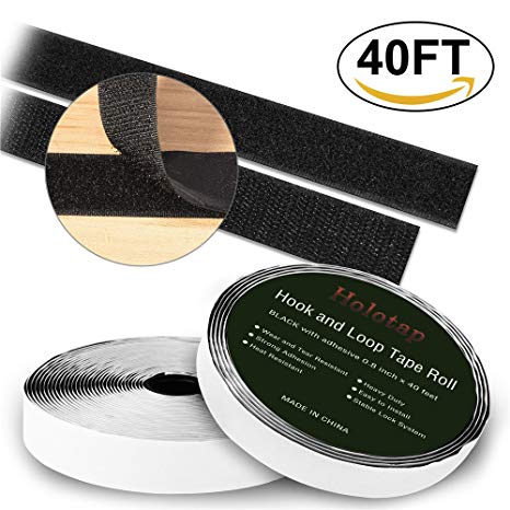 Self Adhesive Hook and Loop Tape Roll 40 Feet x 0.8 inch Fabric Fastener Mounting Tape by Holotap Adhesive Fastening Strips (Black)