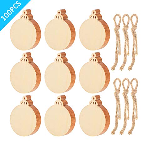 Tatuo 50 Pieces Unfinished Wood Ornaments Wood Ornament Slices Round Wood Pieces Embellishments for Christmas Decoration Hanging and DIY Craft