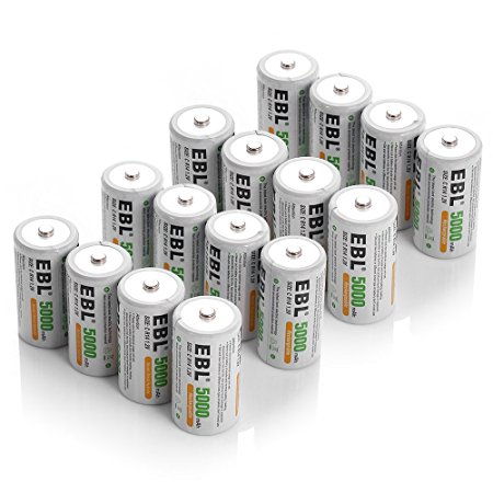 EBL C Cell 5000mAh Rechargeable Batteries, 16 Packs