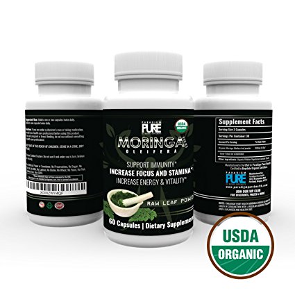 USDA Organic Moringa Capsules | 100% Pure Moringa Leaf Powder Green Superfood | Boost Metabolism, Circulation & Energy Levels | Support Healthy Cholesterol, Blood Pressure & Immune System