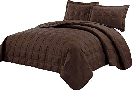 Fancy Collection 3pc (King/California King) Oversize Quilted Embroidery Bedspread Coverlet Set Solid Brown/Coffee New