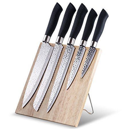Nuvita 6-Piece Stainless Knife Set with Magnetic Wooden Block - includes Carving, Paring, Serrated, Utility and Chef Knives with Non Slip Handles