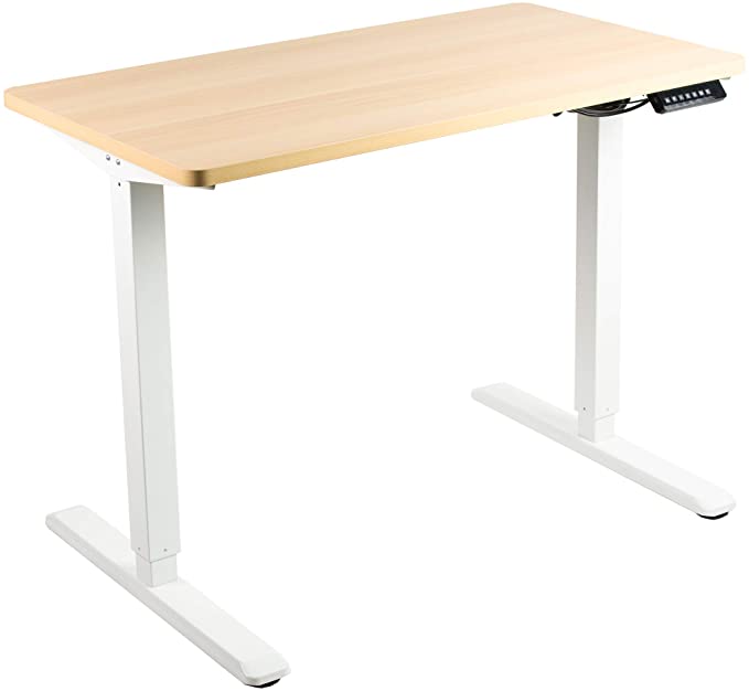 VIVO Electric 43 x 24 inch Stand Up Desk | Light Wood Table Top, White Frame, Height Adjustable Standing Workstation with Memory Preset Controller (DESK-KIT-1W4C)