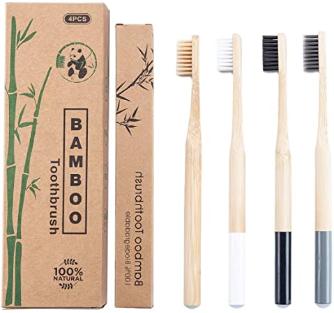 Bamboo Toothbrush Soft Biodegradable Eco-Friendly Natural Recyclable Travel Bamboo Toothbrush Set with Nylon and Charcoal Bristles Pack of 4