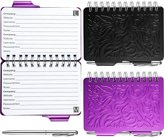 2 Pieces Portable Password Book Password Organizer Notebook Elegant Mandala Pattern Password Book Keeper with Pen, Spiral Bound Notebook for Password Information (Black, Purple)